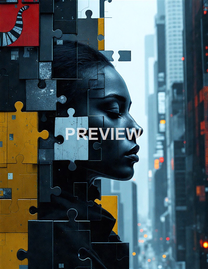 A digital art piece showing a woman's profile with her face partially integrated into a puzzle made of various colored pieces, set against a backdrop of a city street with tall buildings and lights.